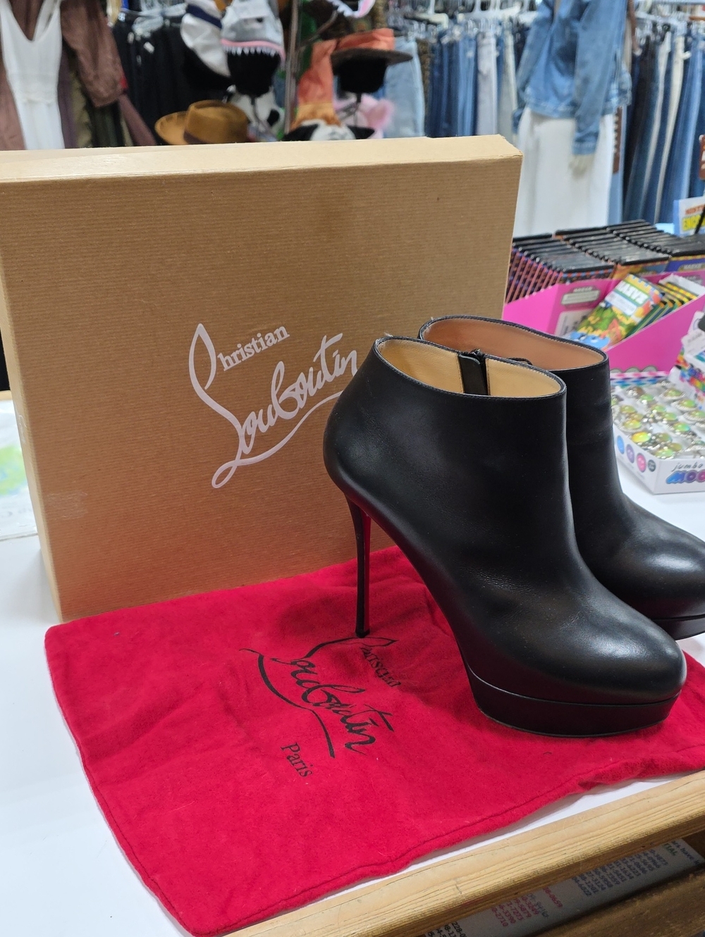 Christian Louboutin Black Leather Platform Ankle Booties with Red Sole